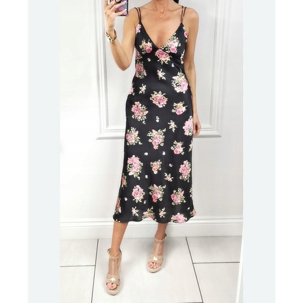 Zara Camisole Slip Midi Dress XS Black Pink Floral Lightweight Y2K Grunge Q17